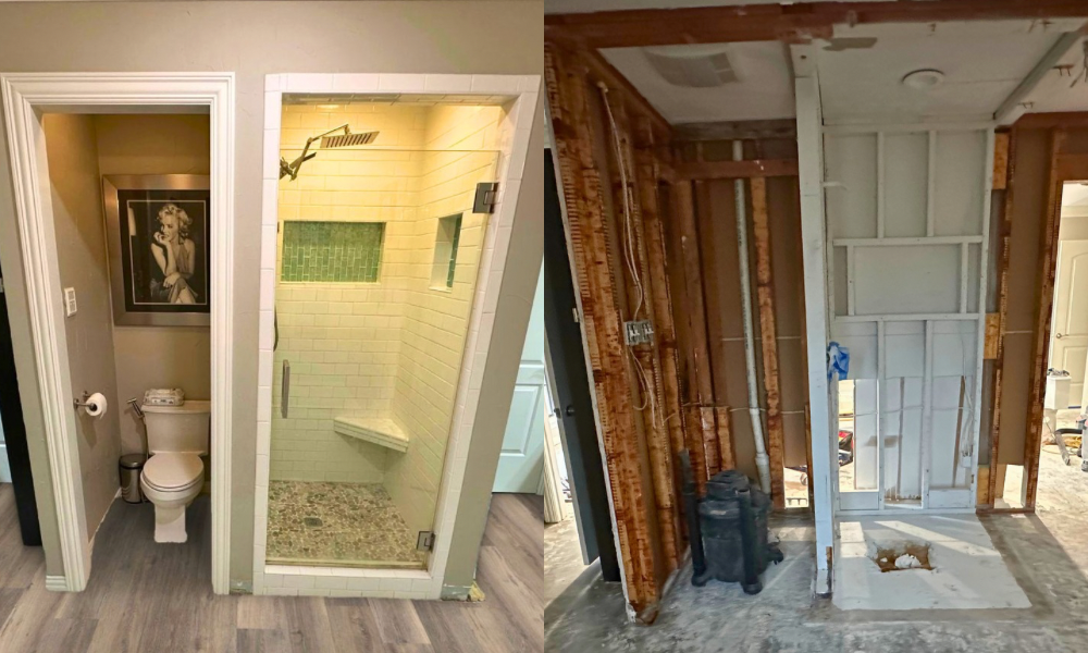 Bathroom and shower before and after interior demolition
