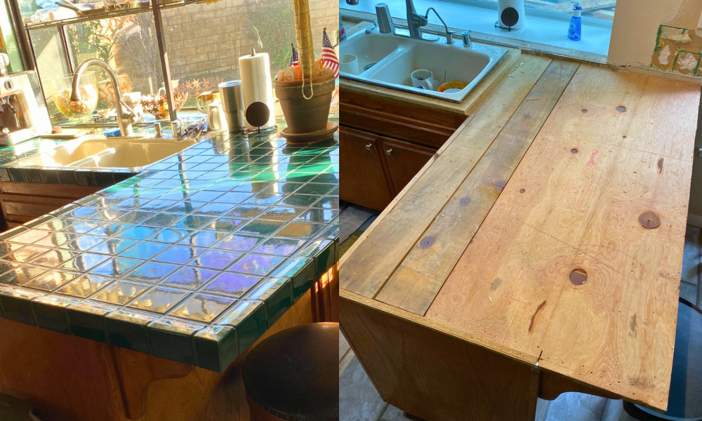 Countertop and tile surface removal during interior demolition