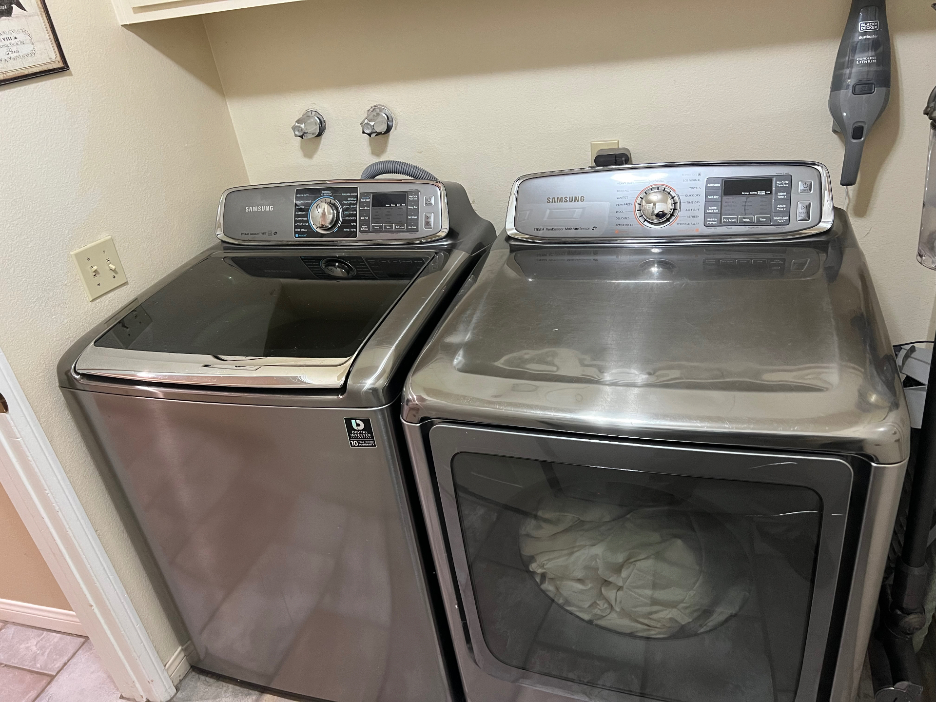 Washer and dryer fitted into a tight home laundry space