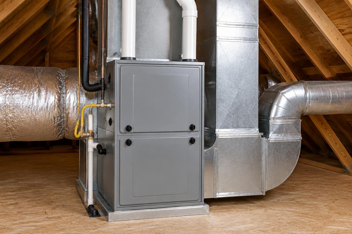 Residential furnace in an attic mechanical space