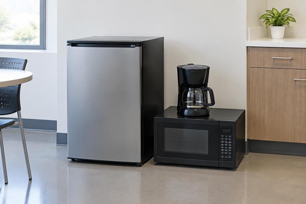 Office breakroom refrigerator, microwave, and coffee maker ready for removal