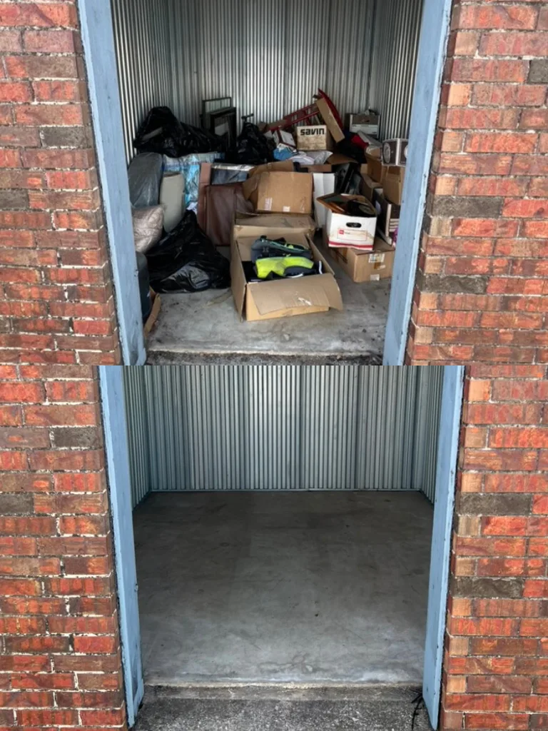 Storage unit before and after cleanout — packed boxes cleared to an empty unit