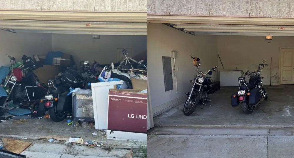 Garage full of motorcycles and junk before and after a property cleanout