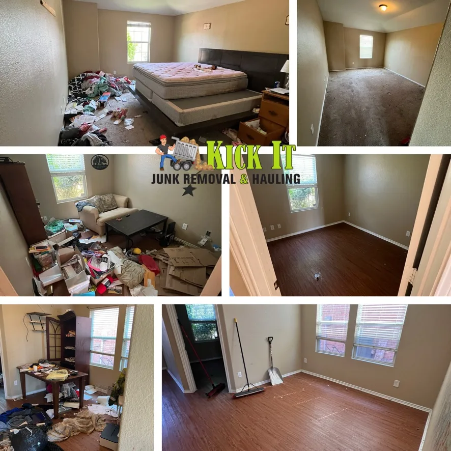 Rental property rooms cluttered with furniture and belongings, before and after a Kick It foreclosure cleanout