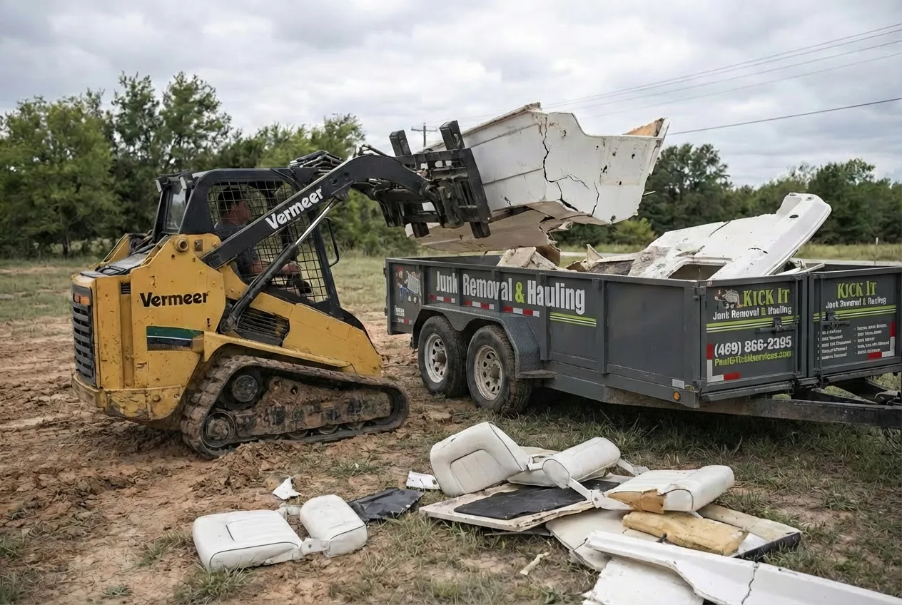 Kick It skid steer loading large debris into the trailer