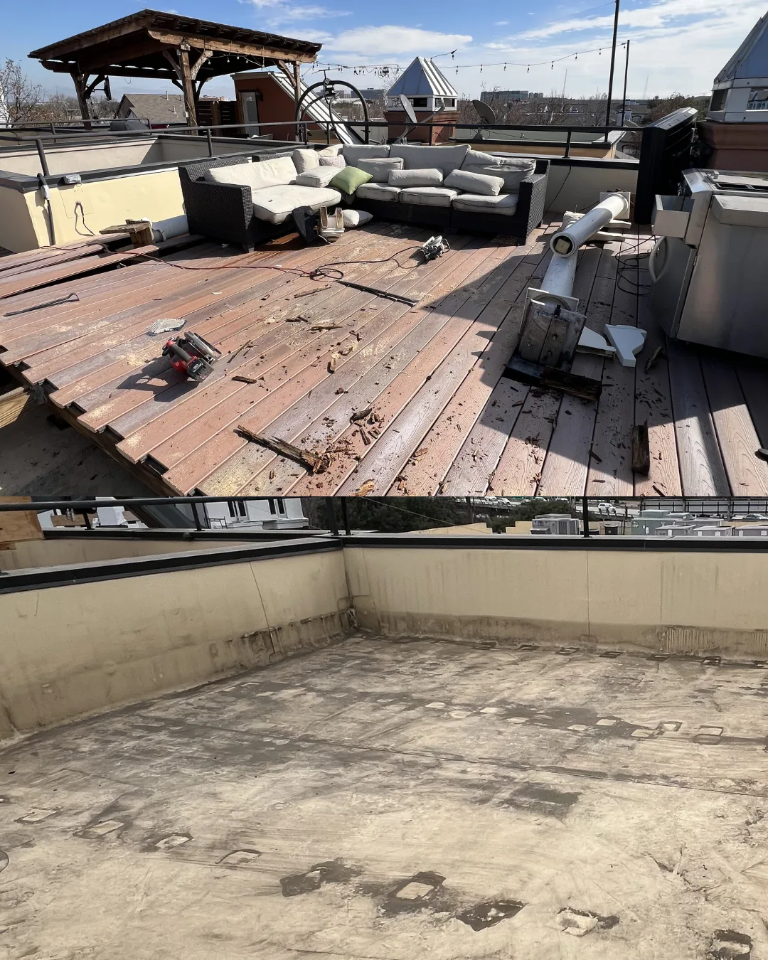 Before and after of a rooftop deck demolished and cleared by Kick It