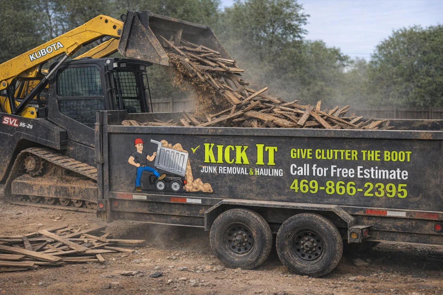 Kick It trailer loaded with old fence boards during a fence removal