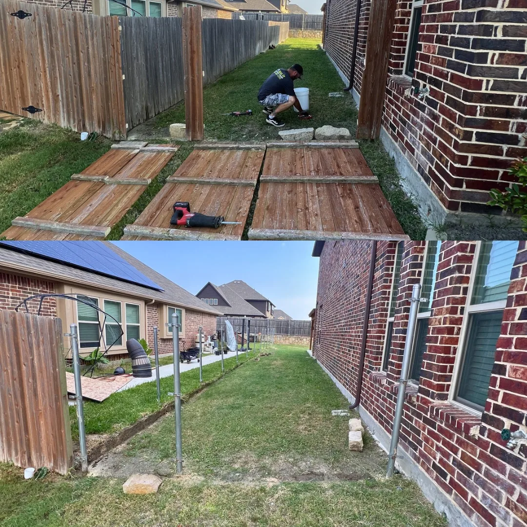 Side-yard fence before and after removal by Kick It