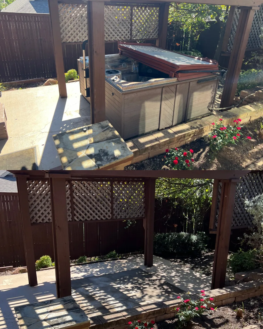 Hot tub under a pergola before and after removal by Kick It