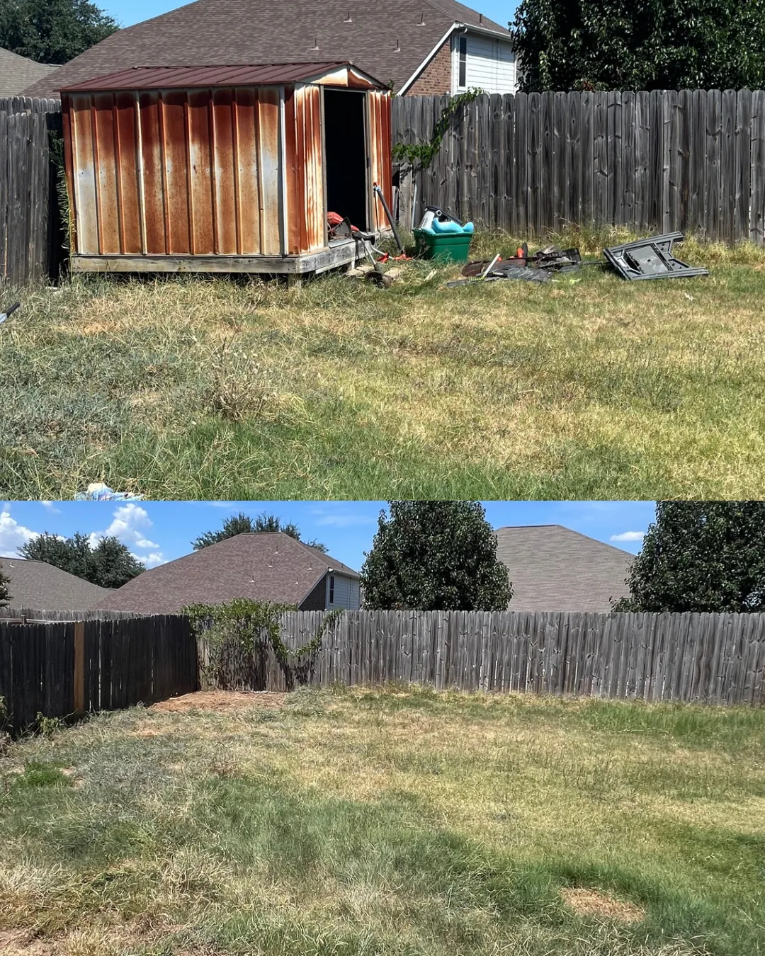 Before and after of a backyard metal shed removed by Kick It, leaving open lawn