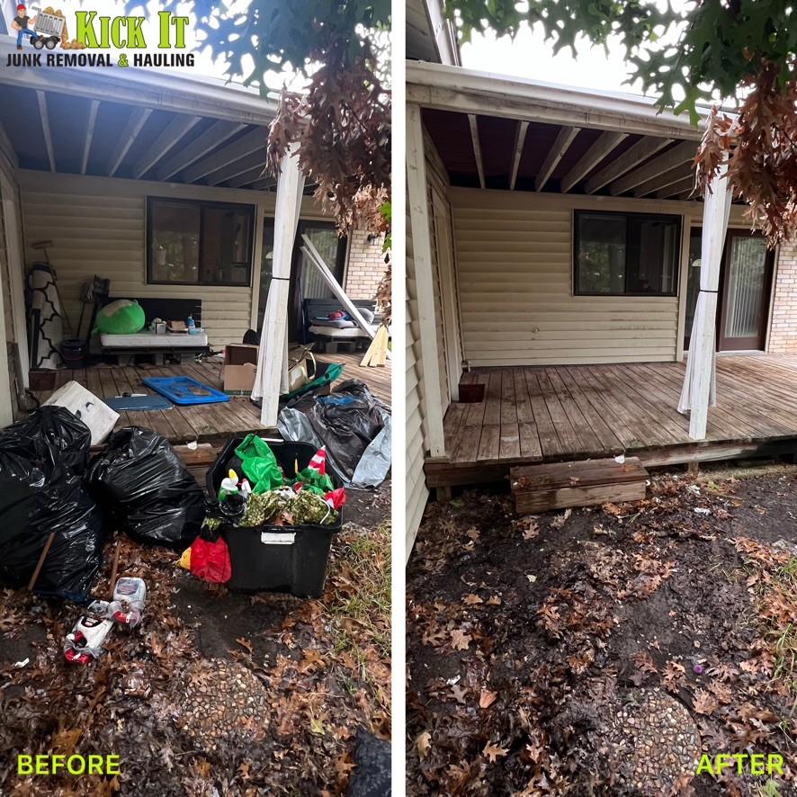 Before and after of an exterior porch and yard cleared by Kick It Junk Removal