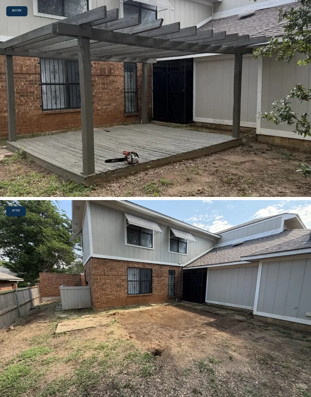Before and after of a Dallas pergola demolition and complete cleanup