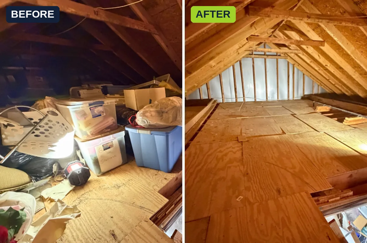 Attic cleanout before and after