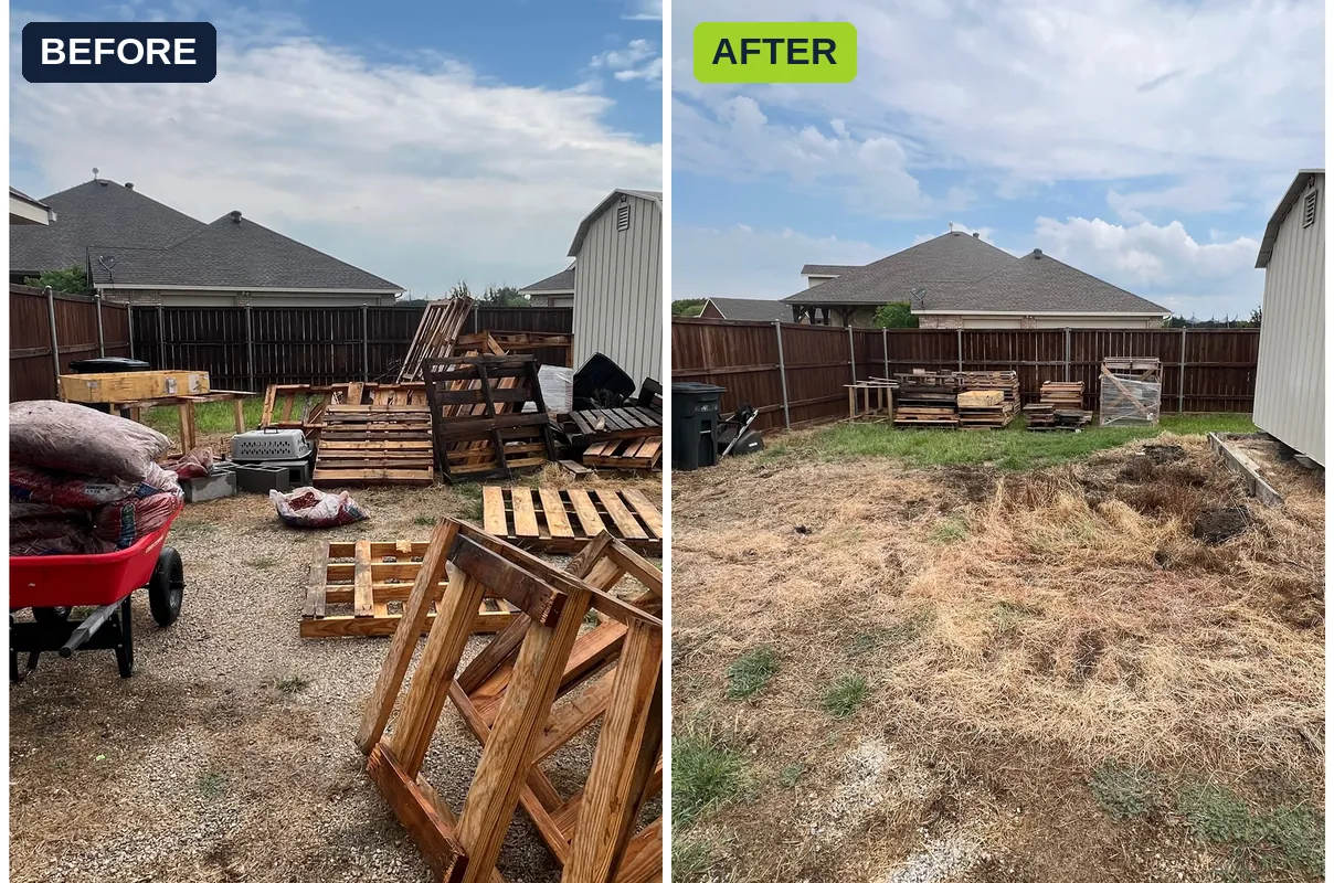 Backyard debris before and after removal by Kick It