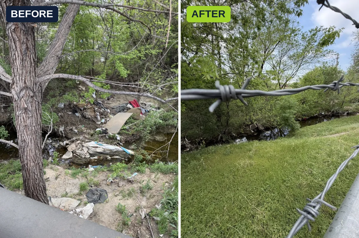 Creek bank brush and trash cleanup before and after