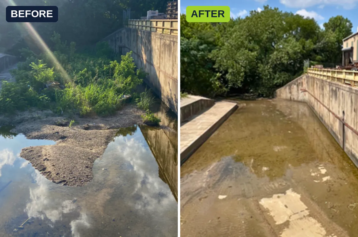 Drainage channel before and after heavy dirt removal by Kick It