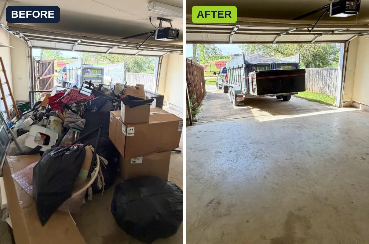 Garage junk pile cleanout before and after