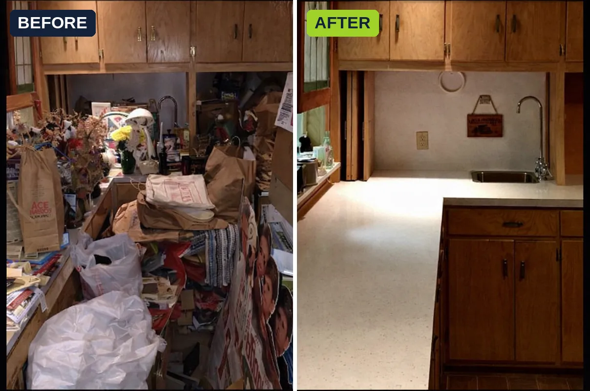 Before and after of a hoarder kitchen cleanout, from counters buried in bags and belongings to a cleared, empty kitchen