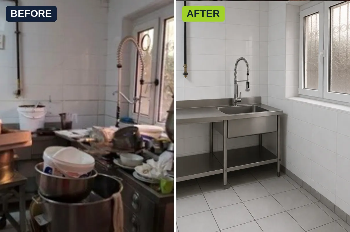 Restaurant and commercial kitchen equipment cleanout before and after
