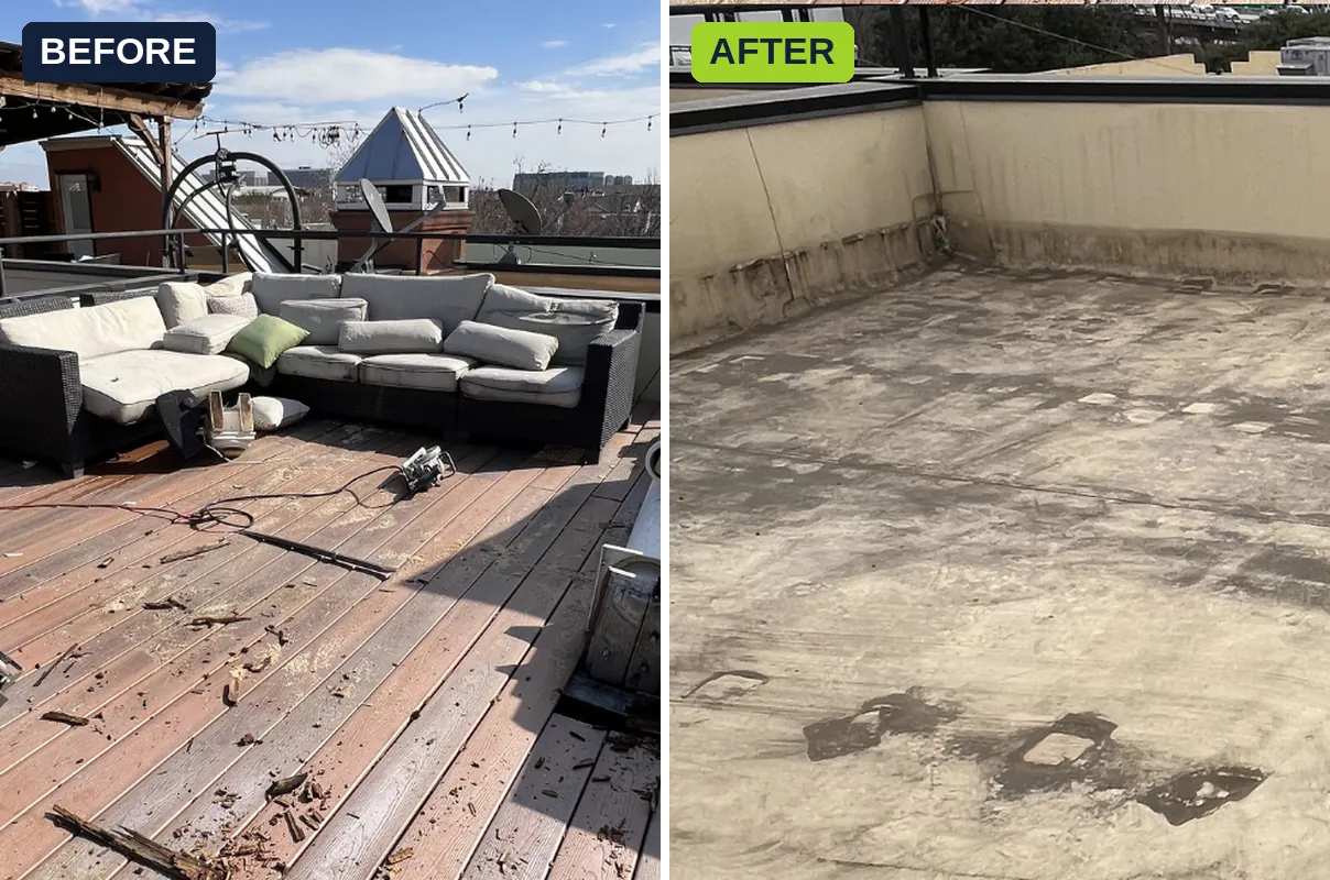 Rooftop deck demolition before and after