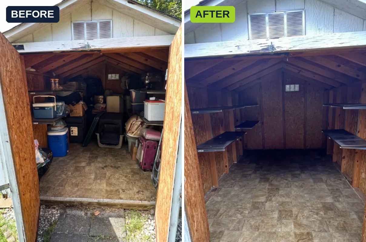 Storage shed cleanout before and after