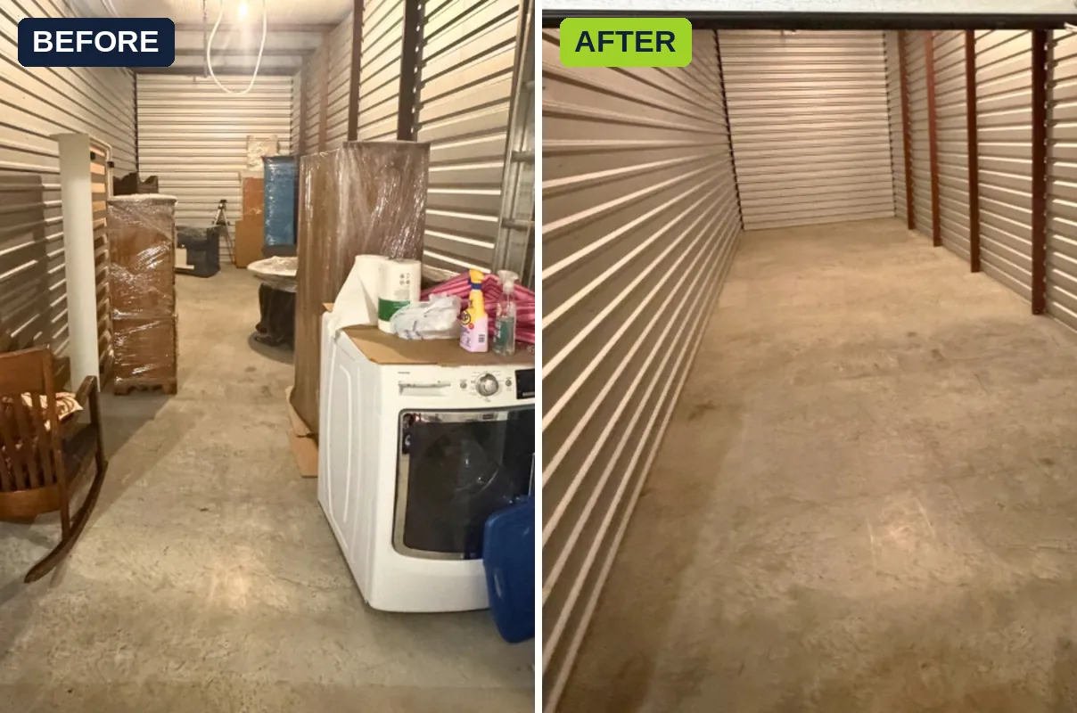 Storage unit cleanout with washer removal before and after